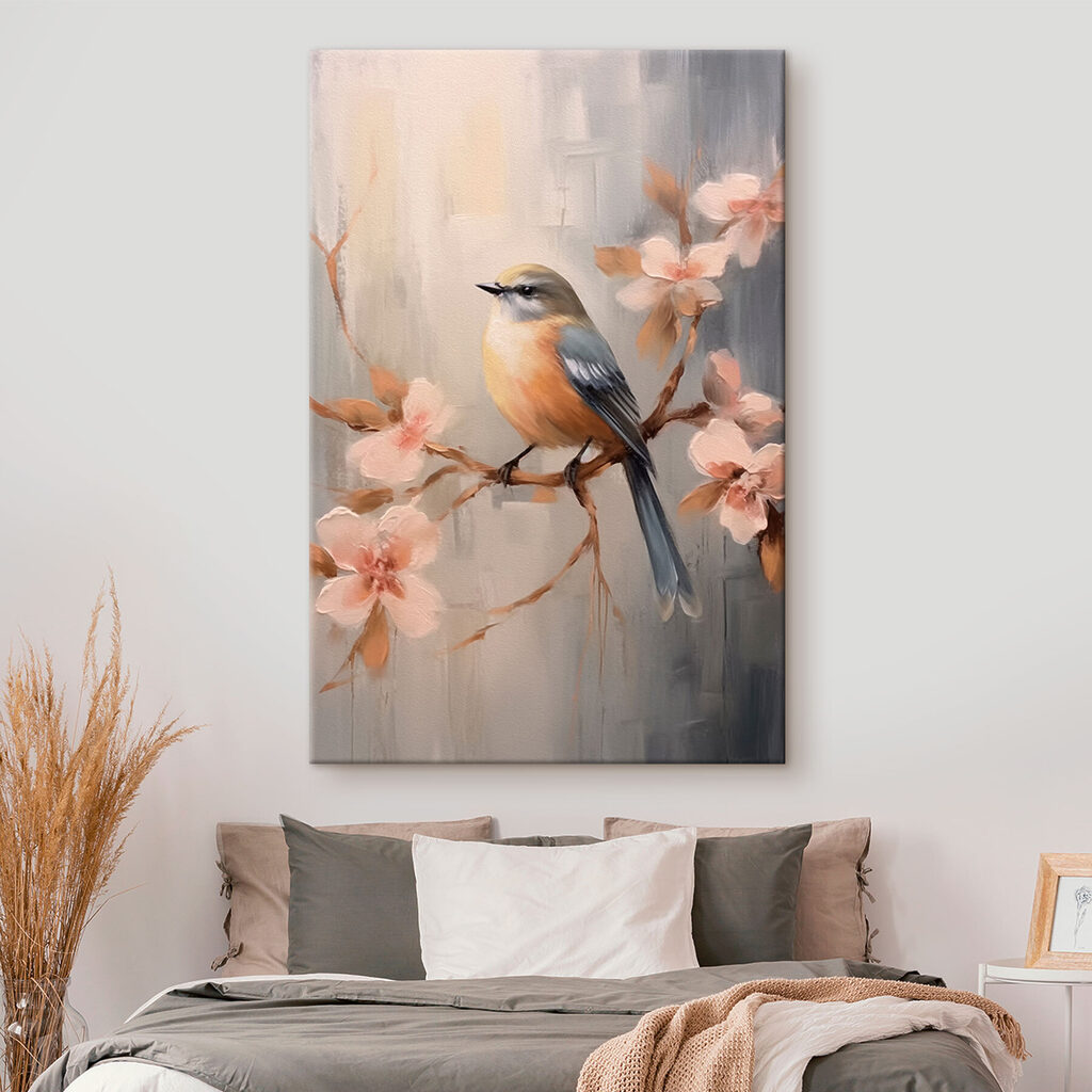 Pájaro en rama rosa — interior 1