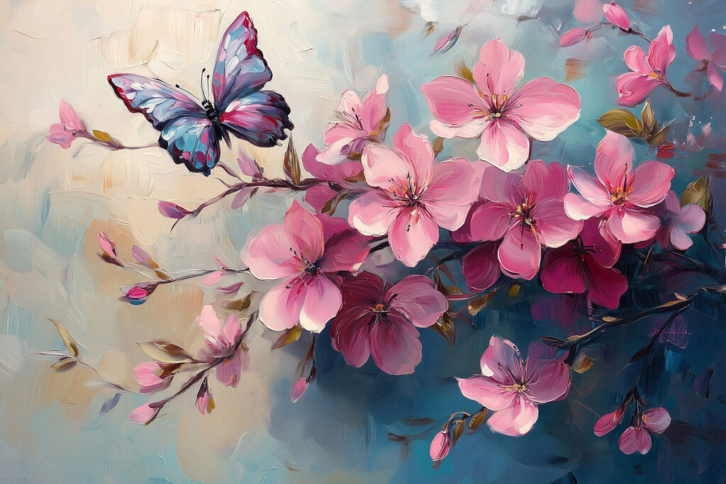 Mariposa sobre ramas rosas — diseño completo