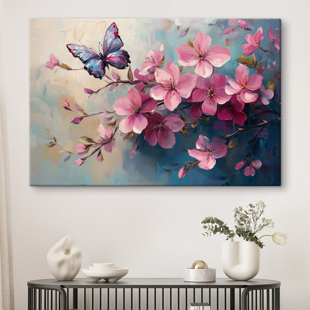 Mariposa sobre ramas rosas — interior 2