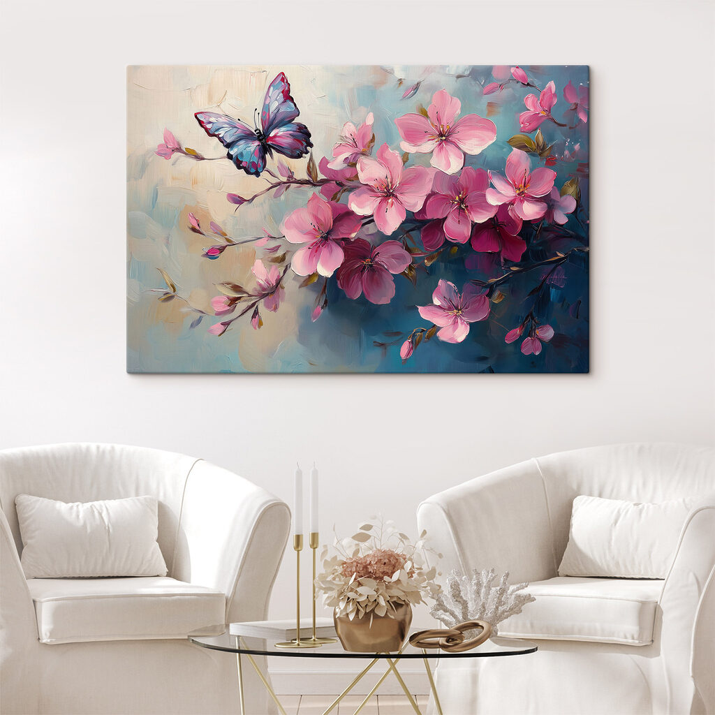Mariposa sobre ramas rosas — interior 1