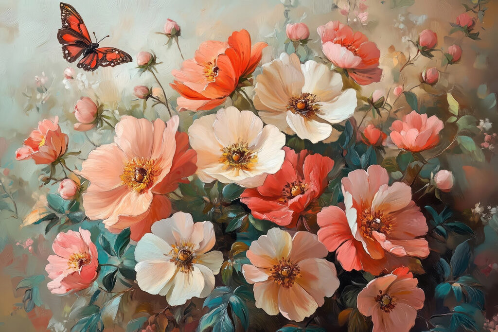 Mariposa sobre flores naranjas — diseño completo