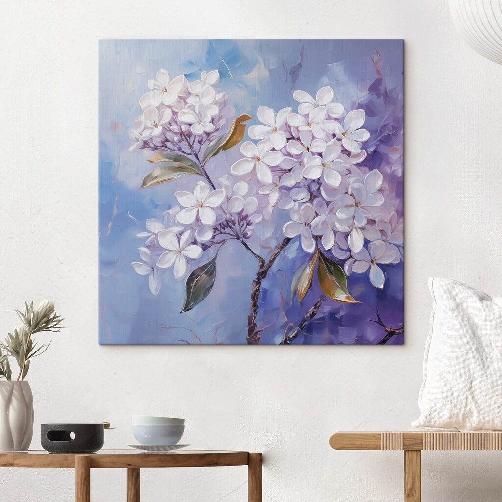 Flores lilas sobre azul — interior 1