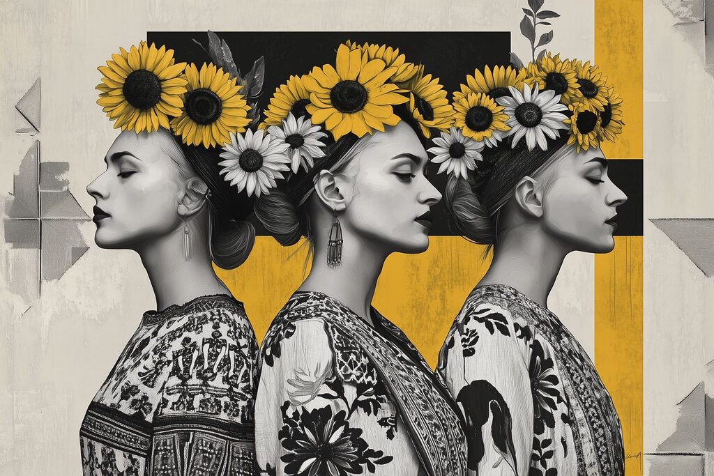 Tres perfiles con girasoles — diseño completo