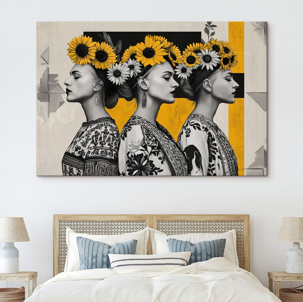 Tres perfiles con girasoles — interior 2