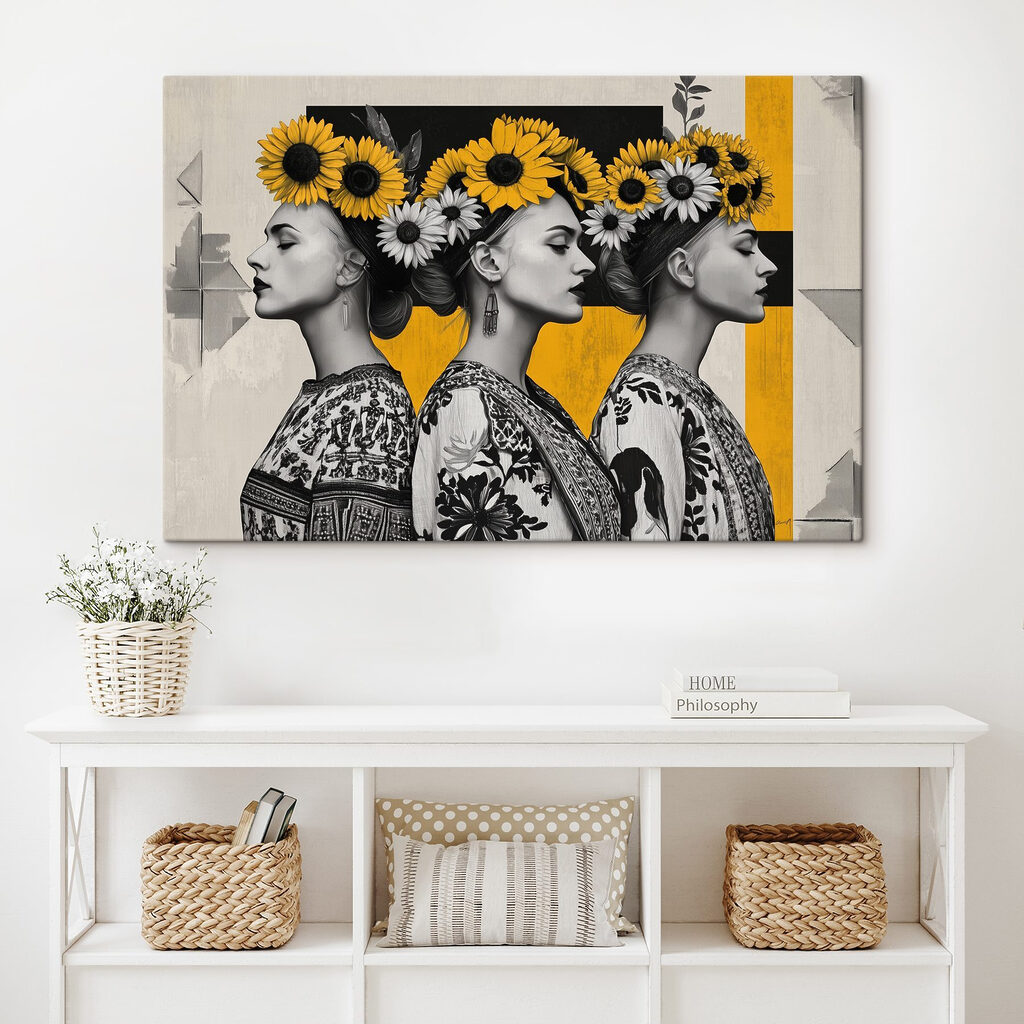 Tres perfiles con girasoles — interior 1