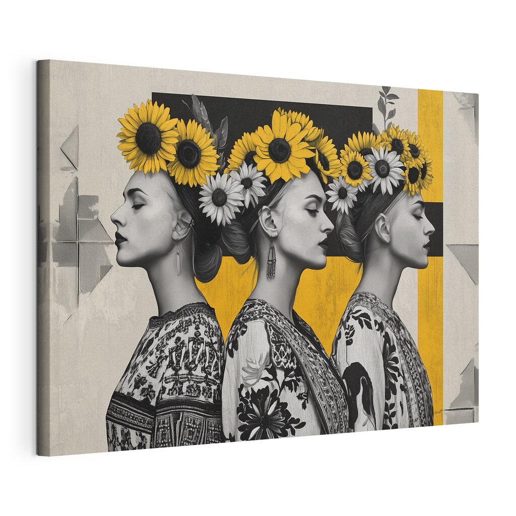 Tres perfiles con girasoles, lienzo tensado con el borde envolvente