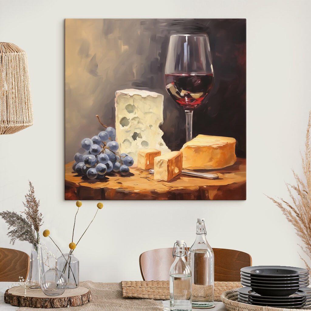 Vino y queso en un interior