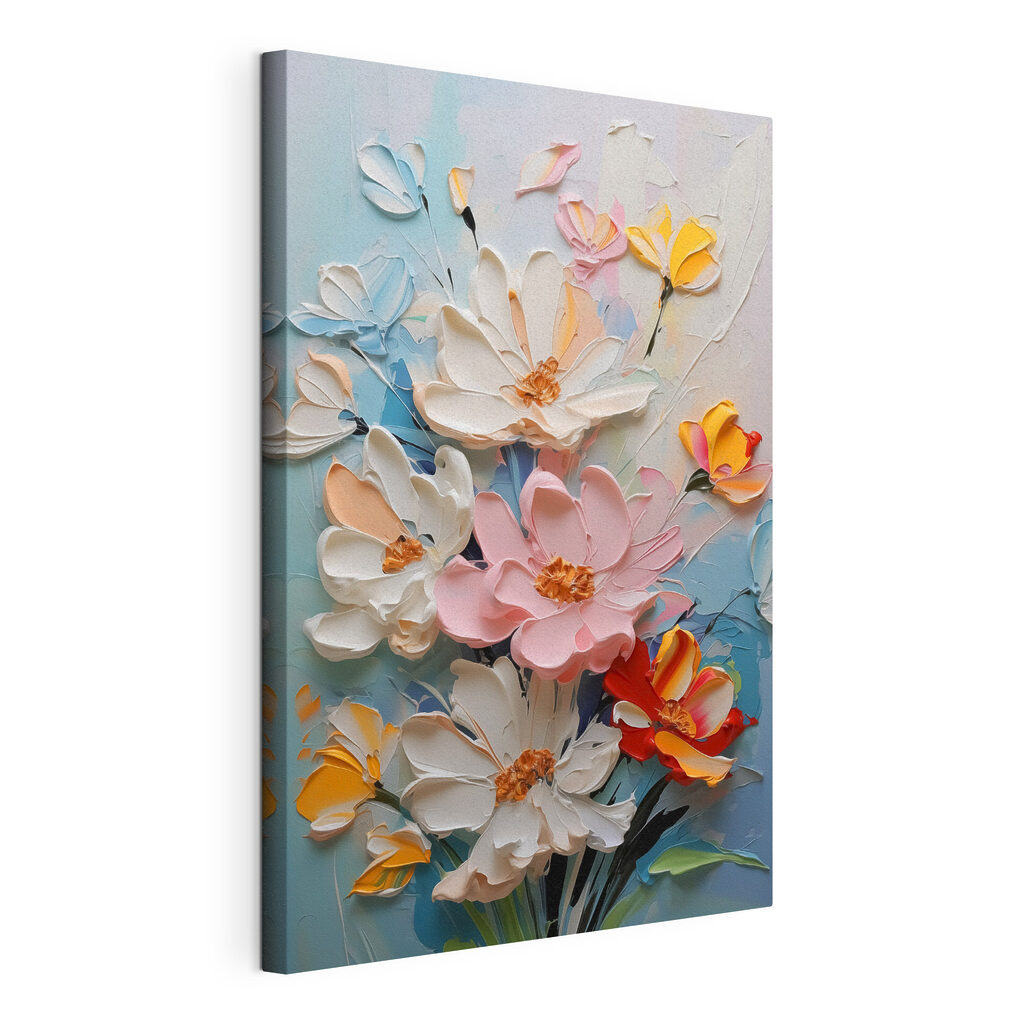 Flores en campos pastel, lienzo tensado con el borde envolvente