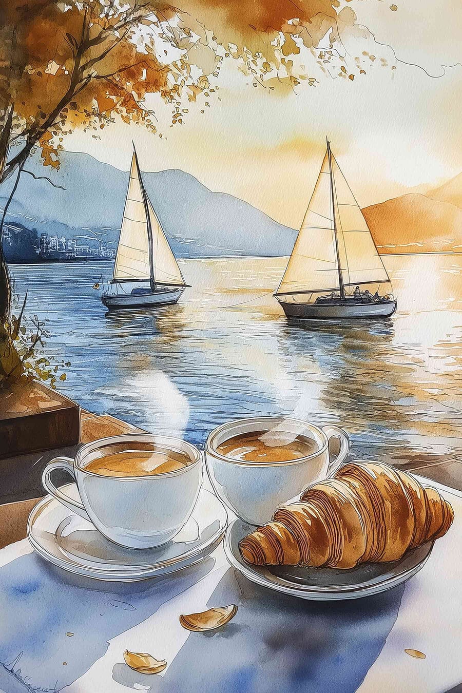Croissant con dos veleros — diseño completo