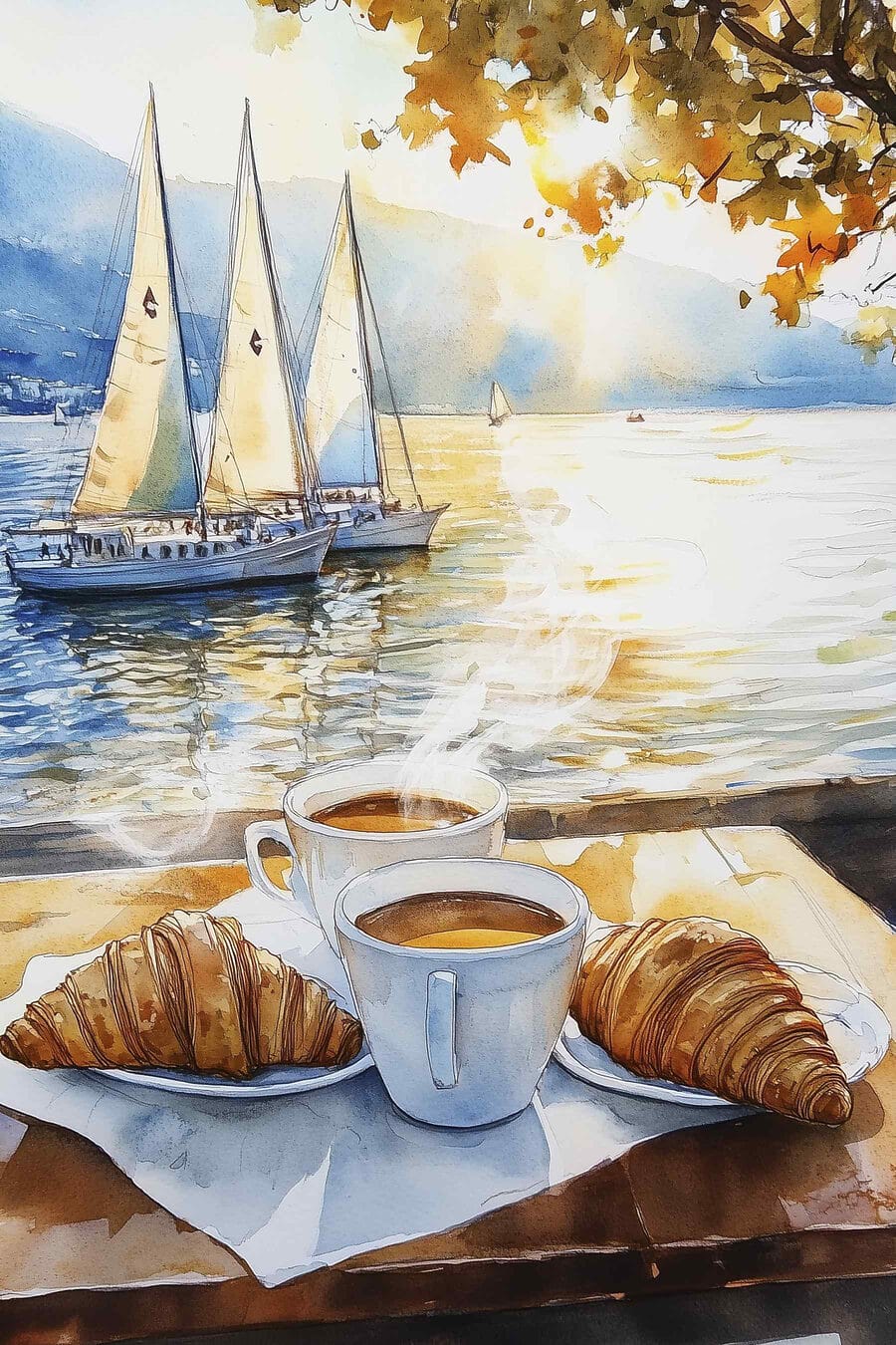 Café matinal con veleros — diseño completo