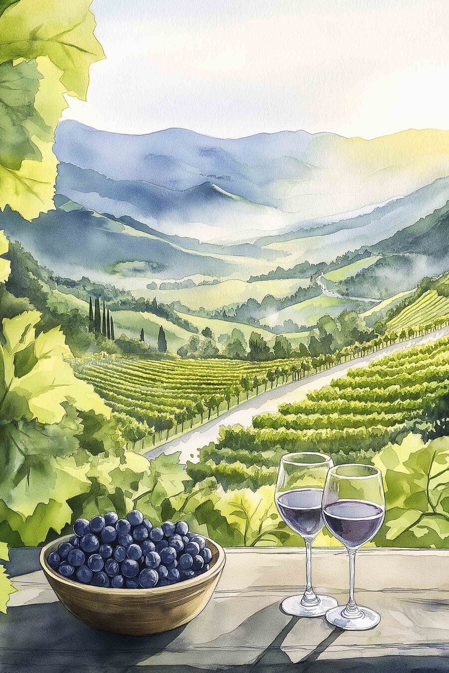 Vino sobre viñedos verdes — diseño completo
