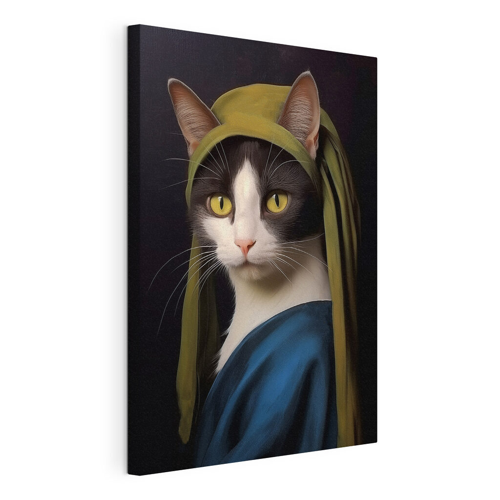 Gato con túnica azul, lienzo tensado con el borde envolvente