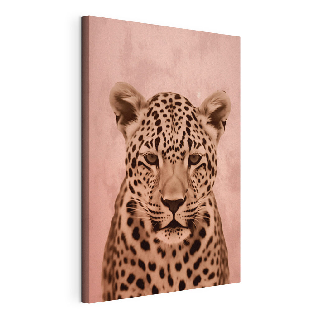 Leopardo sobre rosa cálido, lienzo tensado con el borde envolvente