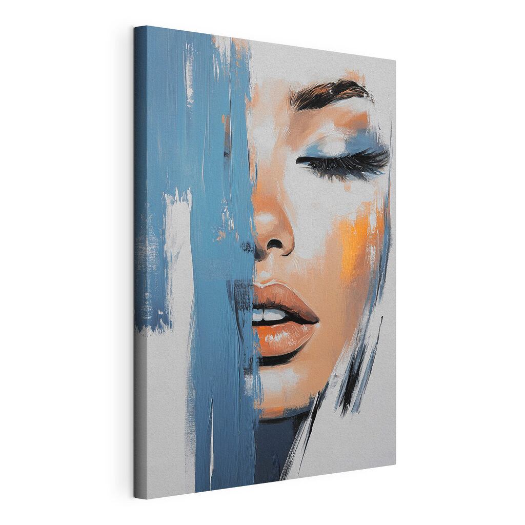 Mirada tras pintura azul, lienzo tensado con el borde envolvente