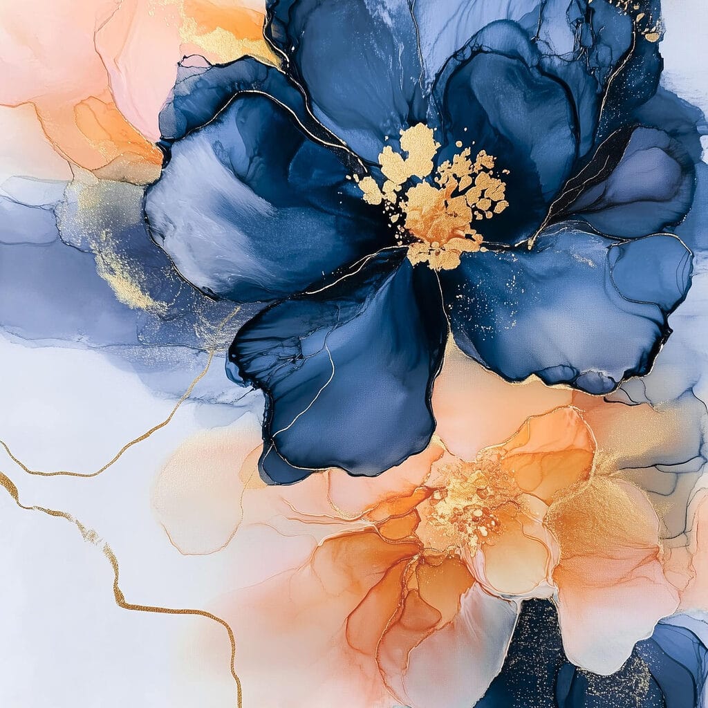 Flor azul sobre melocotón — diseño completo