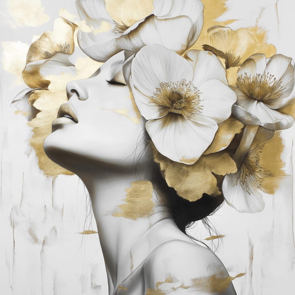 Rostro bajo flores blancas — diseño completo