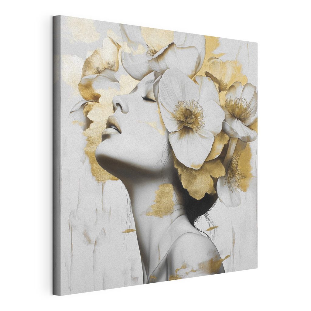 Rostro bajo flores blancas, lienzo tensado con el borde envolvente