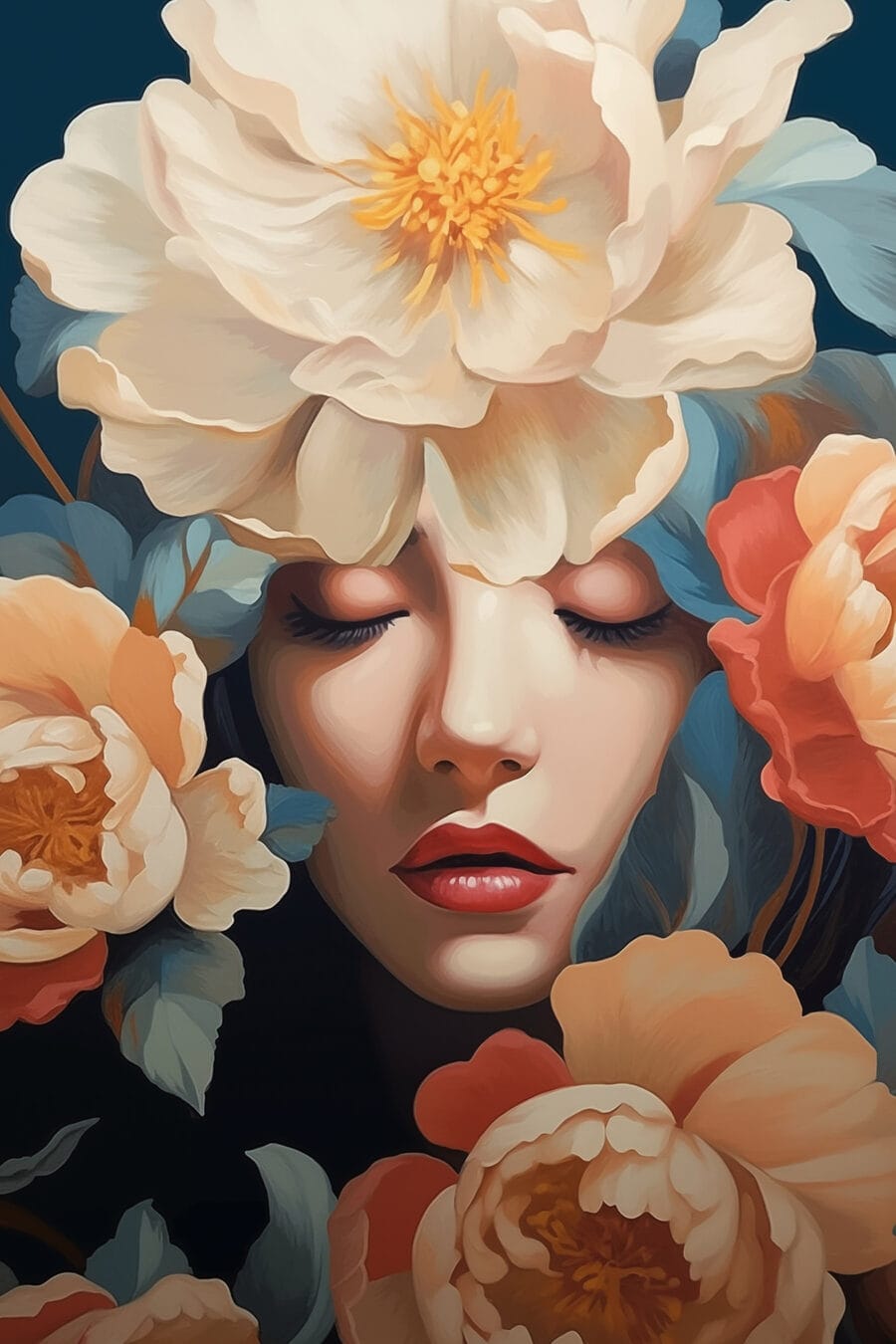 Mujer entre flores melocotón — diseño completo