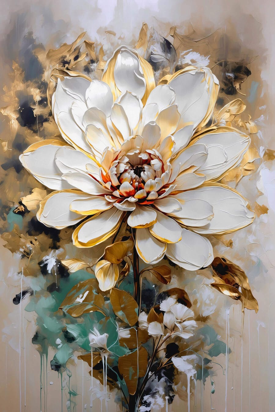 Flor blanca entre dorados — diseño completo