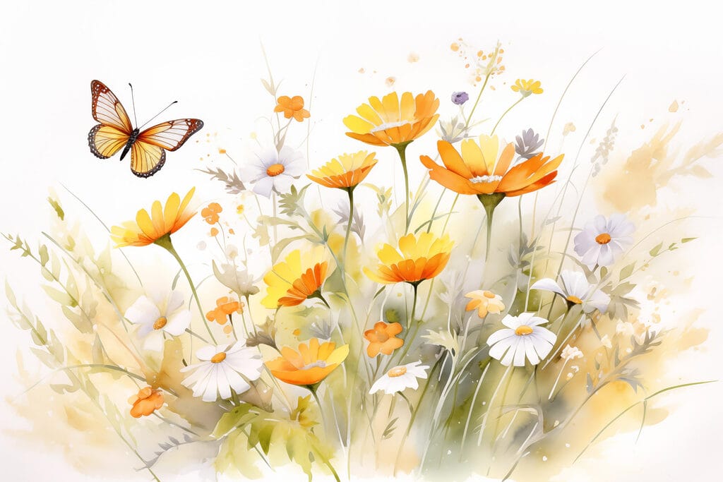 Mariposa sobre margaritas — diseño completo