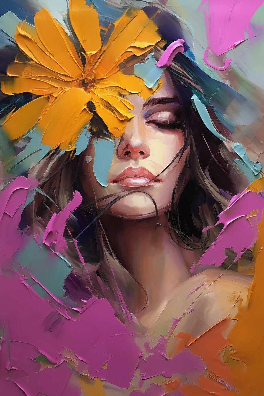 Rostro entre flores intensas — diseño completo