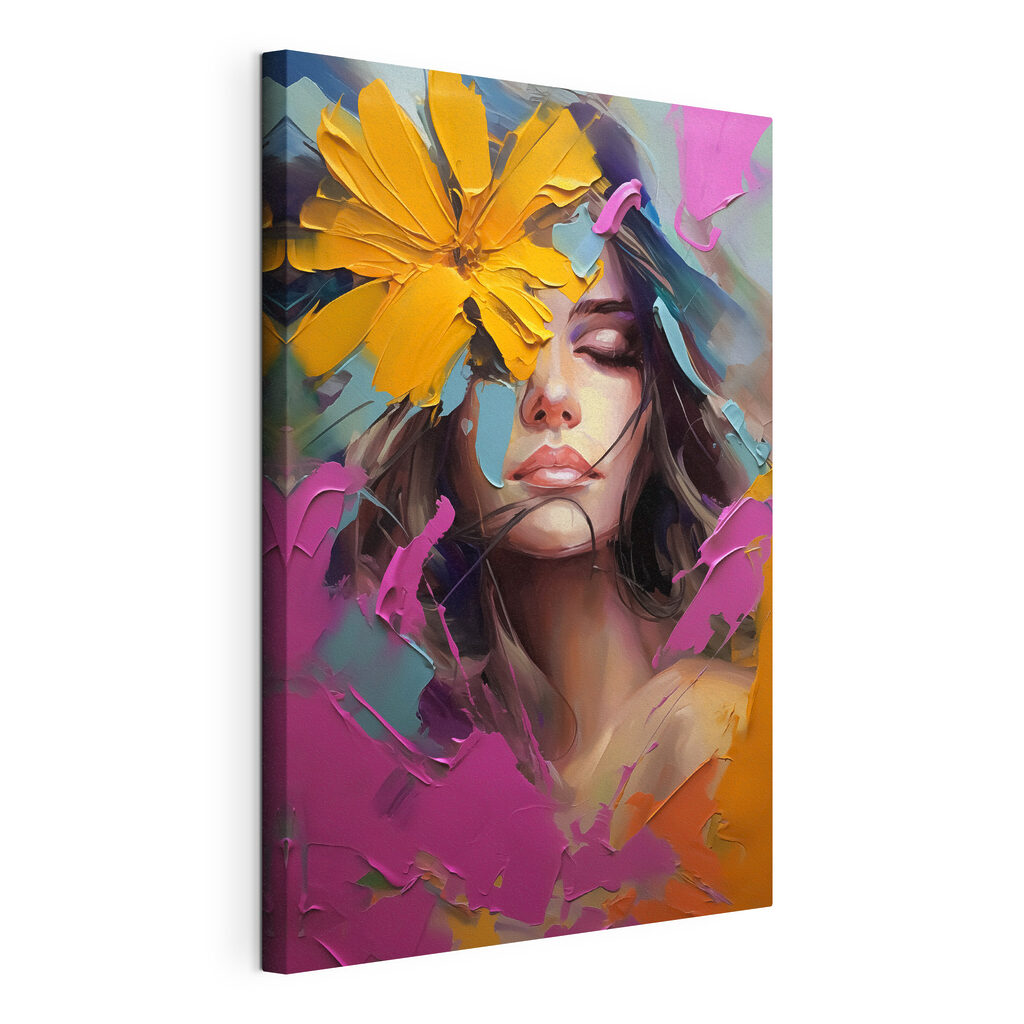 Rostro entre flores intensas, lienzo tensado con el borde envolvente