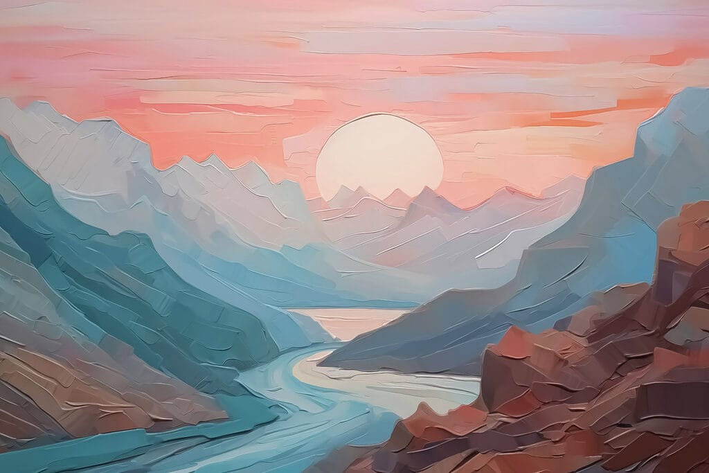 Río bajo sol rosa — diseño completo