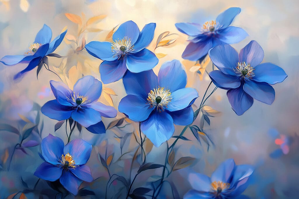 Flores azules, hojas doradas — diseño completo