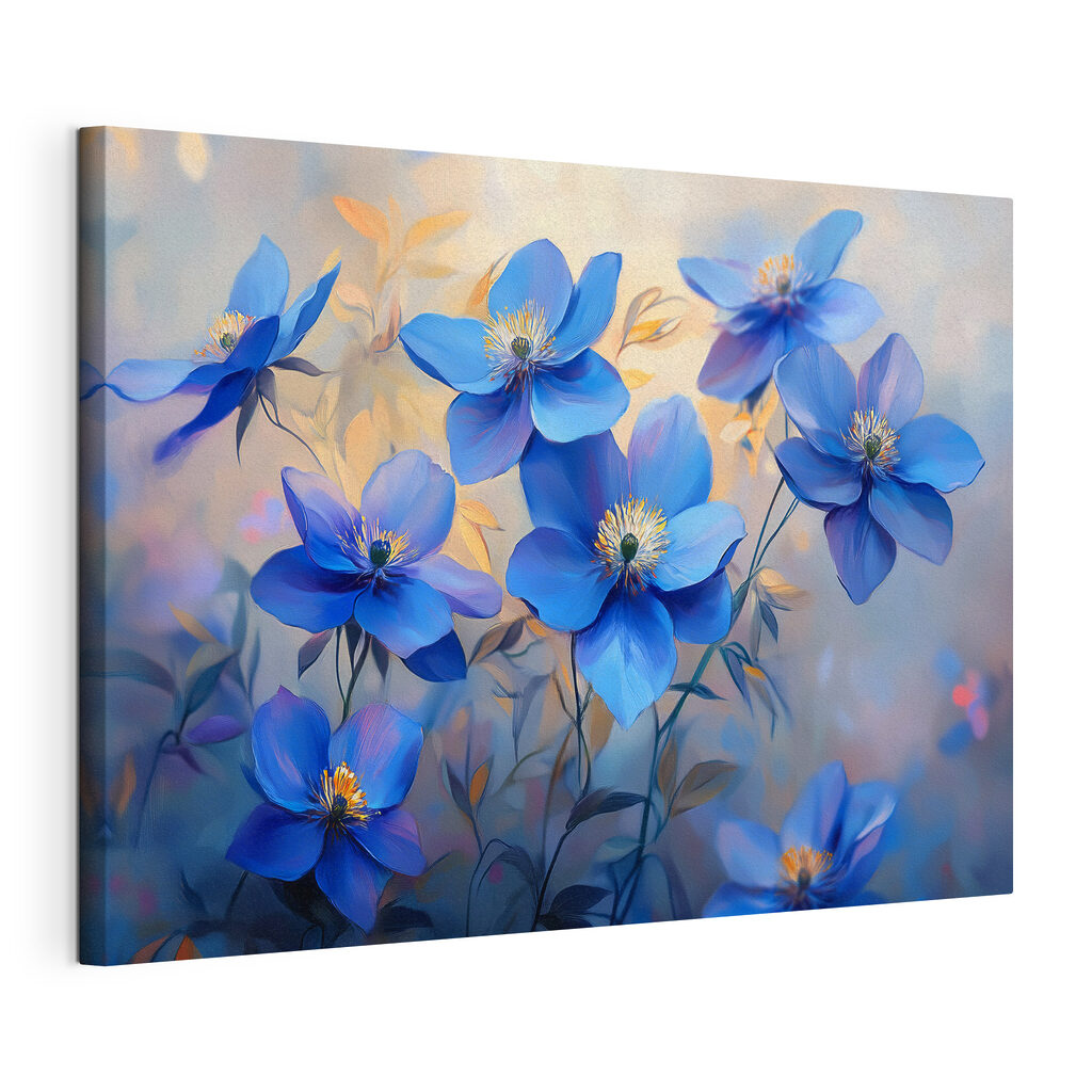 Flores azules, hojas doradas, lienzo tensado con el borde envolvente