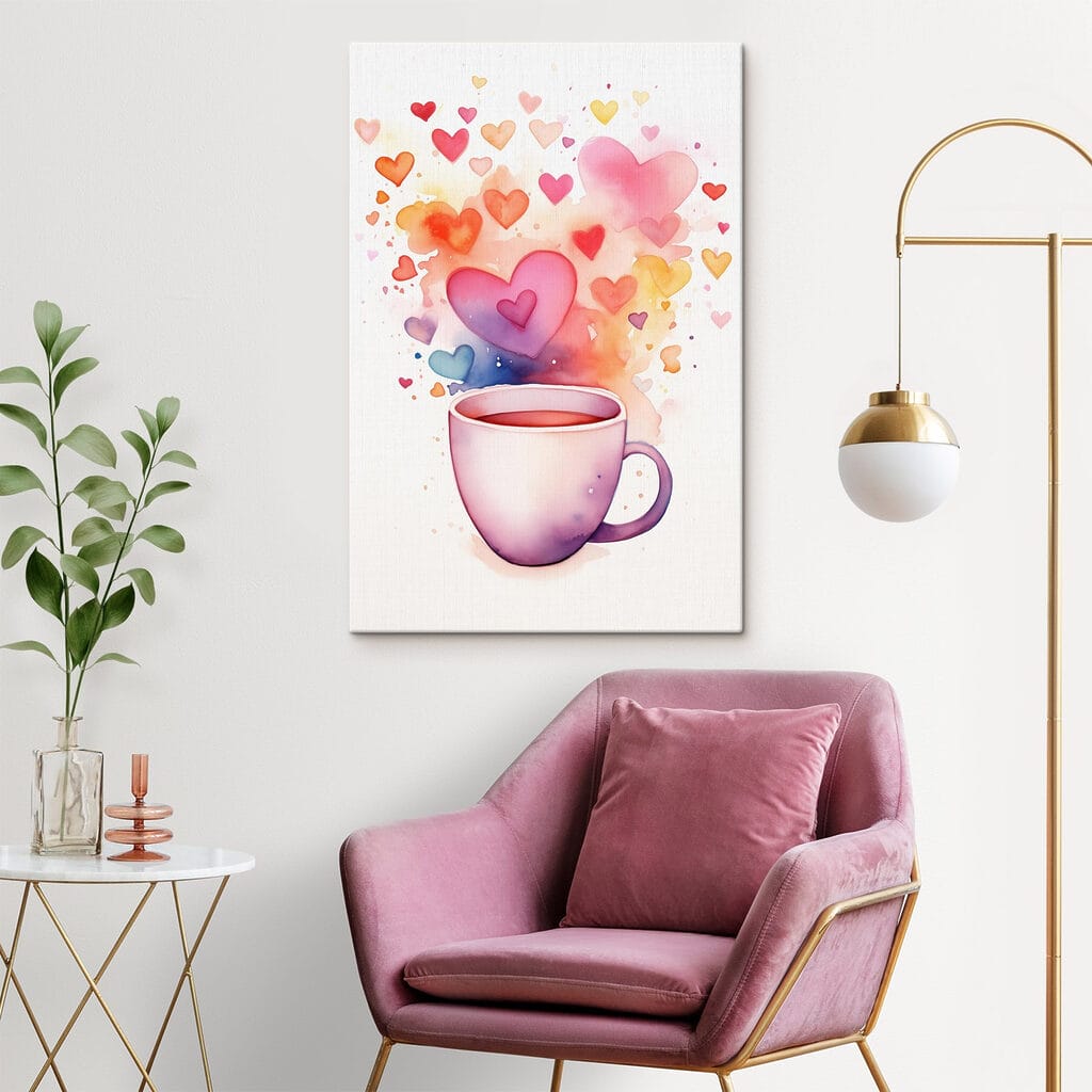 Corazones sobre taza rosa en un interior