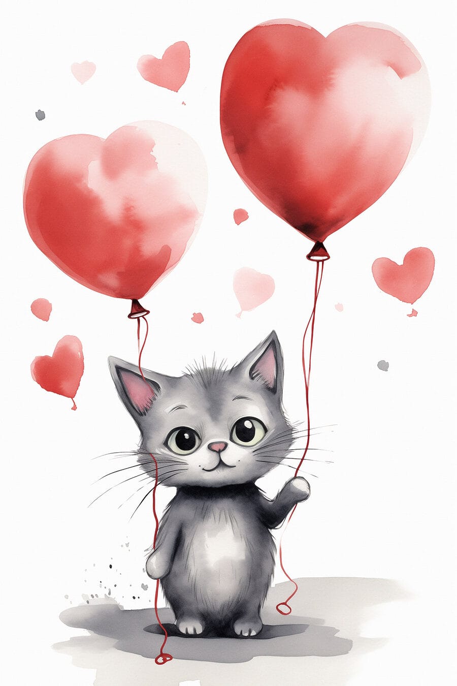 Gatito con globos rojos — diseño completo