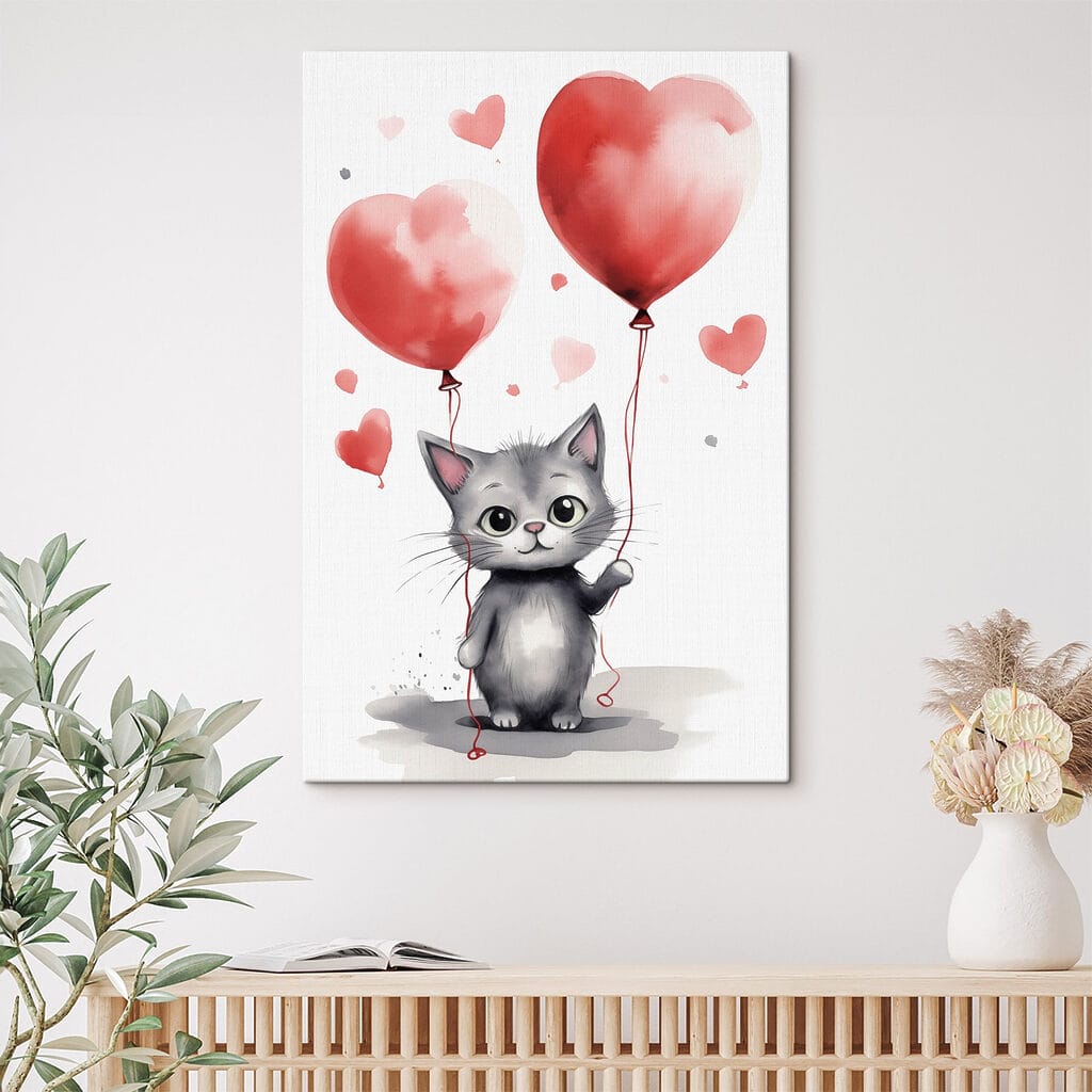 Gatito con globos rojos — interior 1
