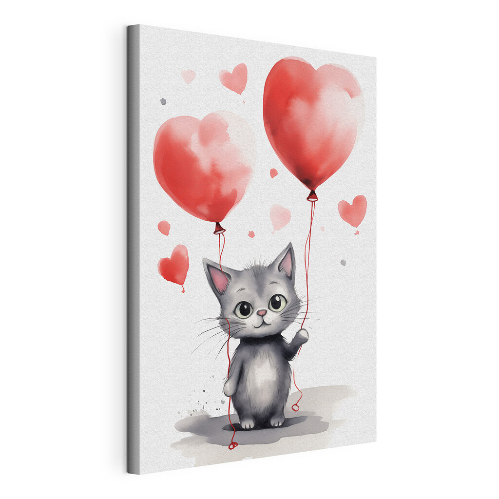 Gatito con globos rojos, lienzo tensado con el borde envolvente