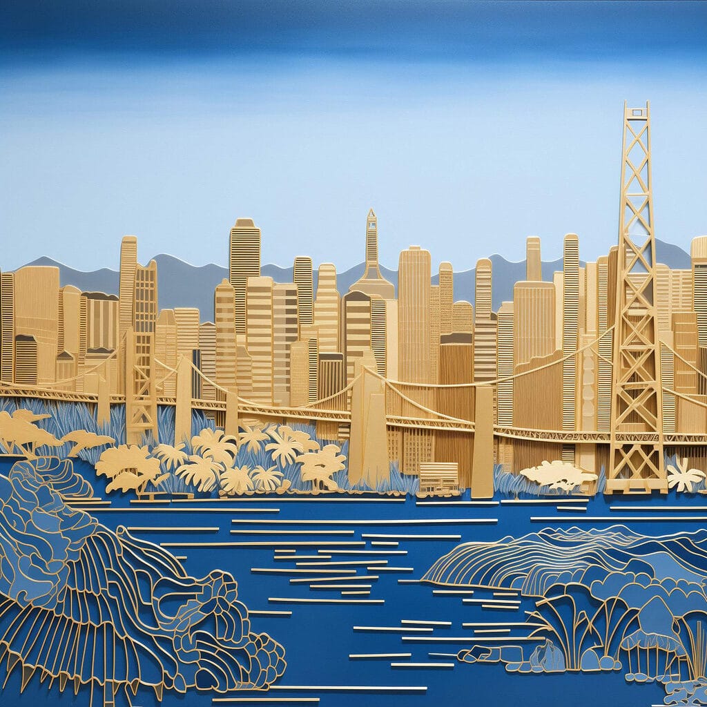 Puente dorado sobre agua — diseño completo