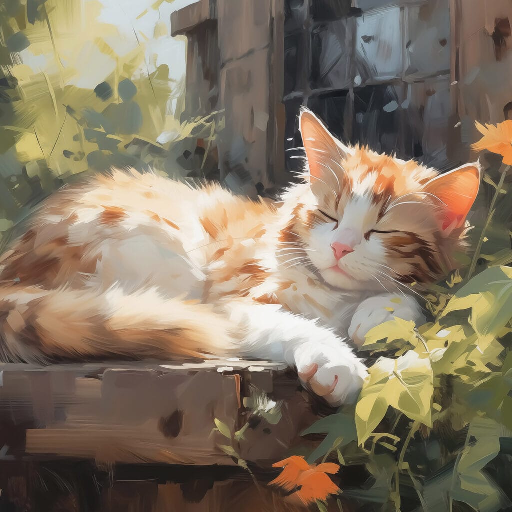 Gato dormido al sol — diseño completo