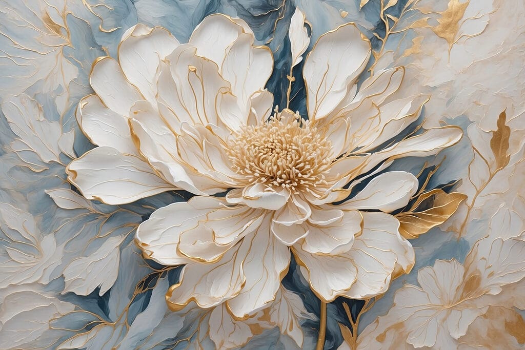 Flor blanca, hojas azules — diseño completo