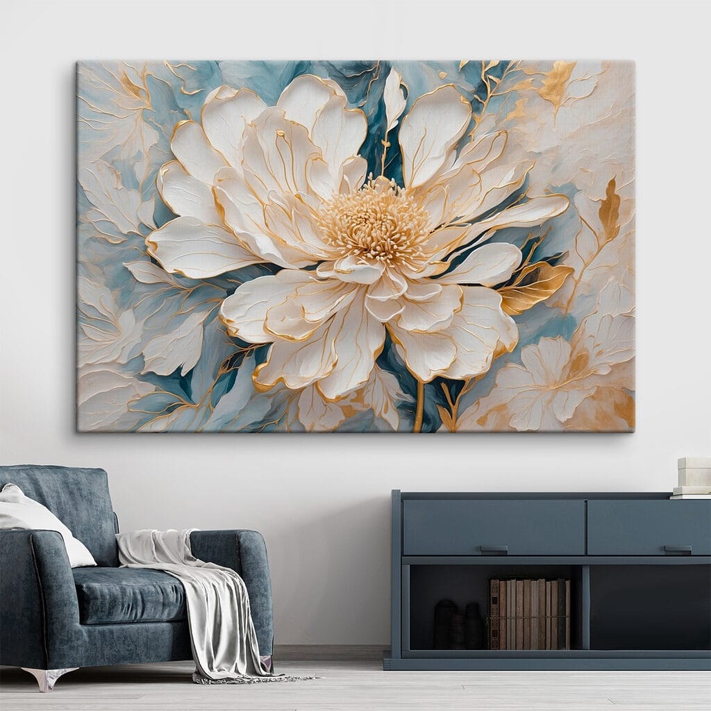 Flor blanca, hojas azules — interior 1