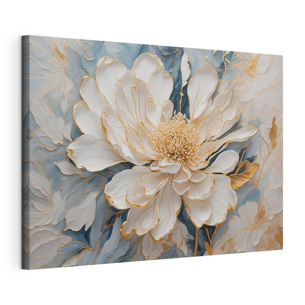 Flor blanca, hojas azules, lienzo tensado con el borde envolvente