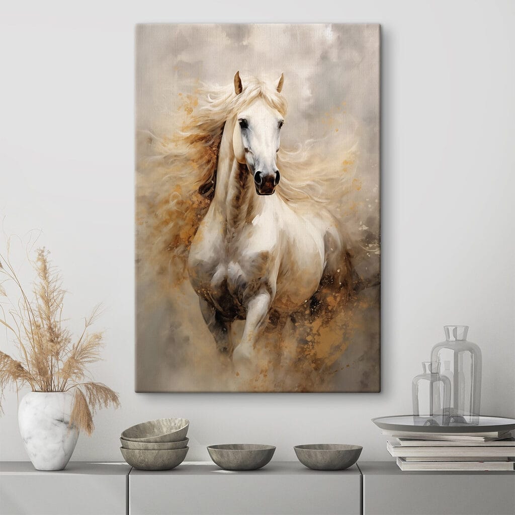 Caballo blanco entre polvo en un interior