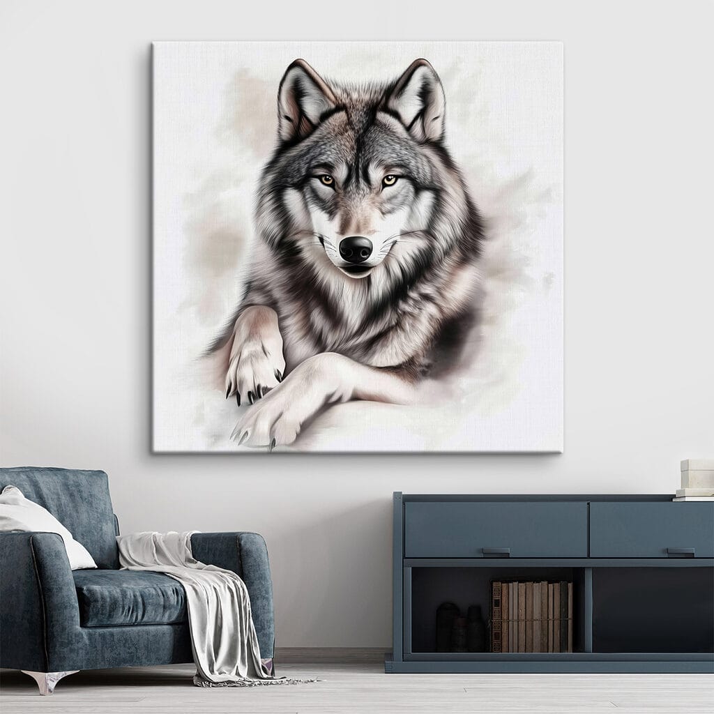Lobo de patas extendidas en un interior