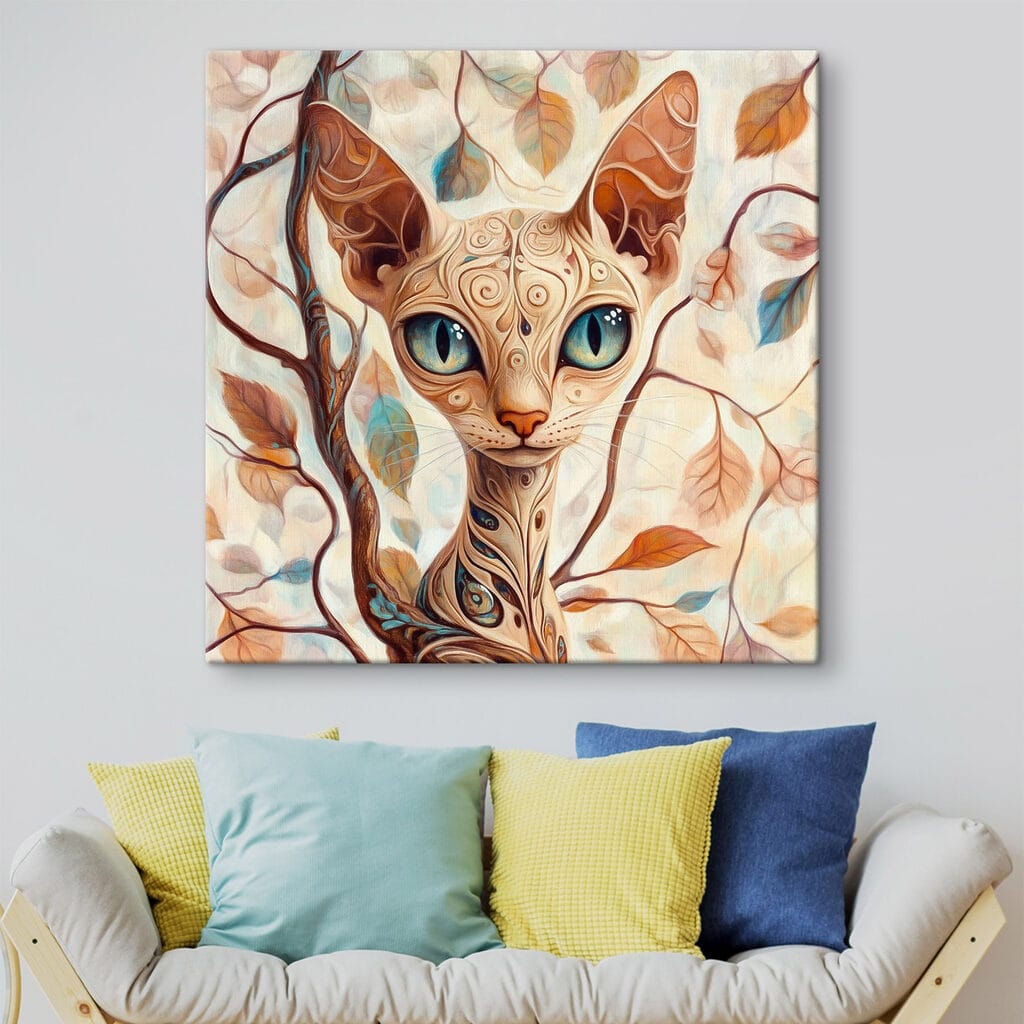 Gato elegante entre hojas en un interior