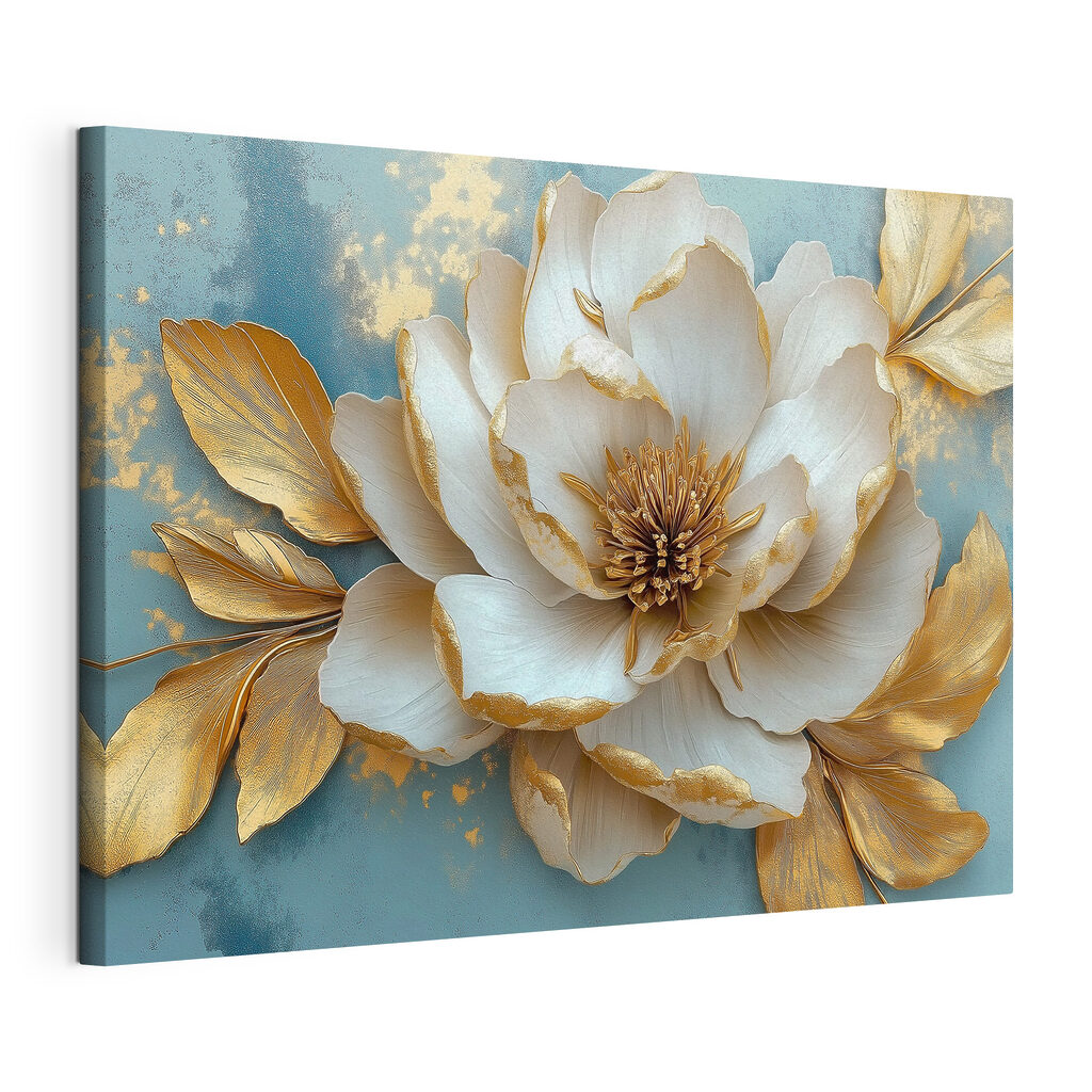 Flor crema sobre turquesa, lienzo tensado con el borde envolvente