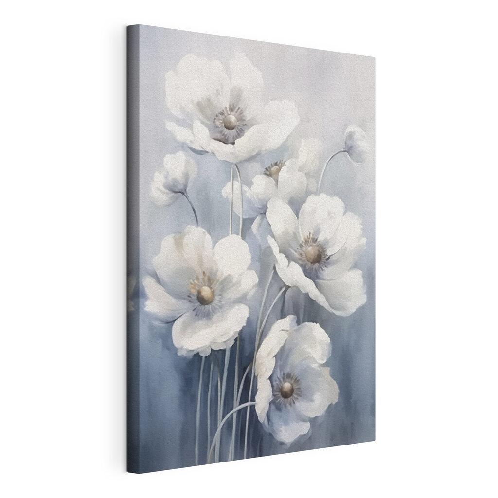 Amapolas blancas sobre gris, lienzo tensado con el borde envolvente
