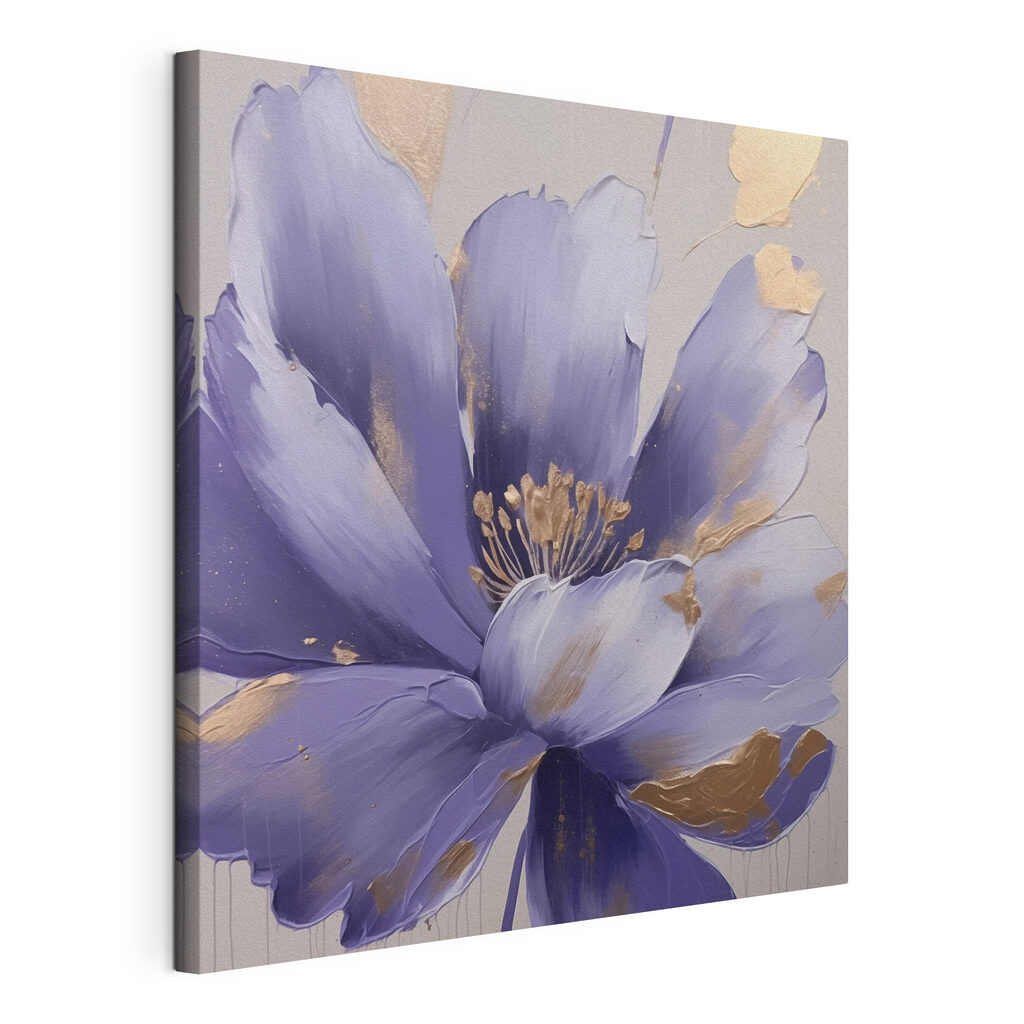 Flor lila con oro, lienzo tensado con el borde envolvente