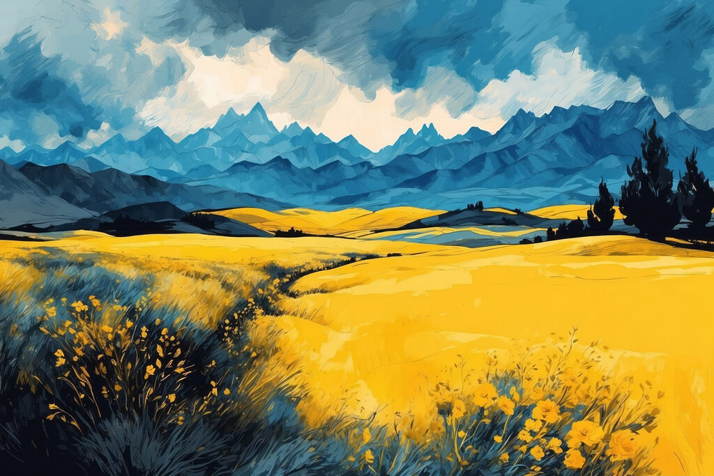 Pradera amarilla y montañas — diseño completo