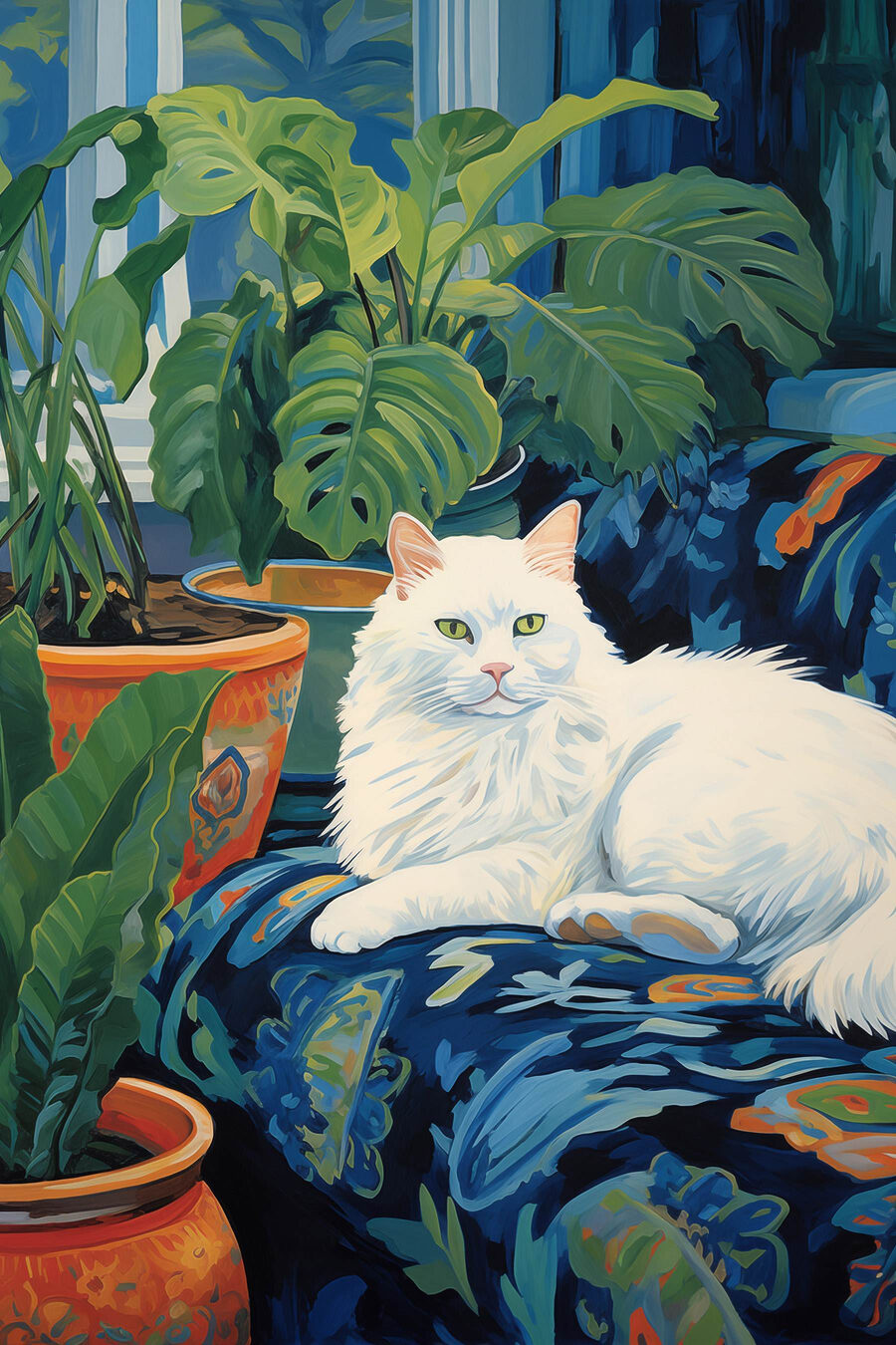 Gato blanco entre plantas — diseño completo