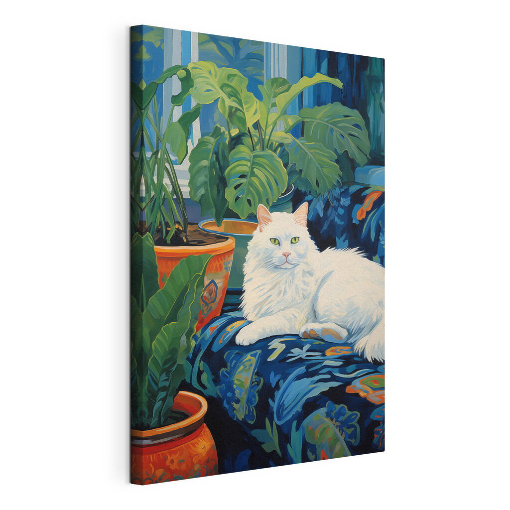 Gato blanco entre plantas, lienzo tensado con el borde envolvente