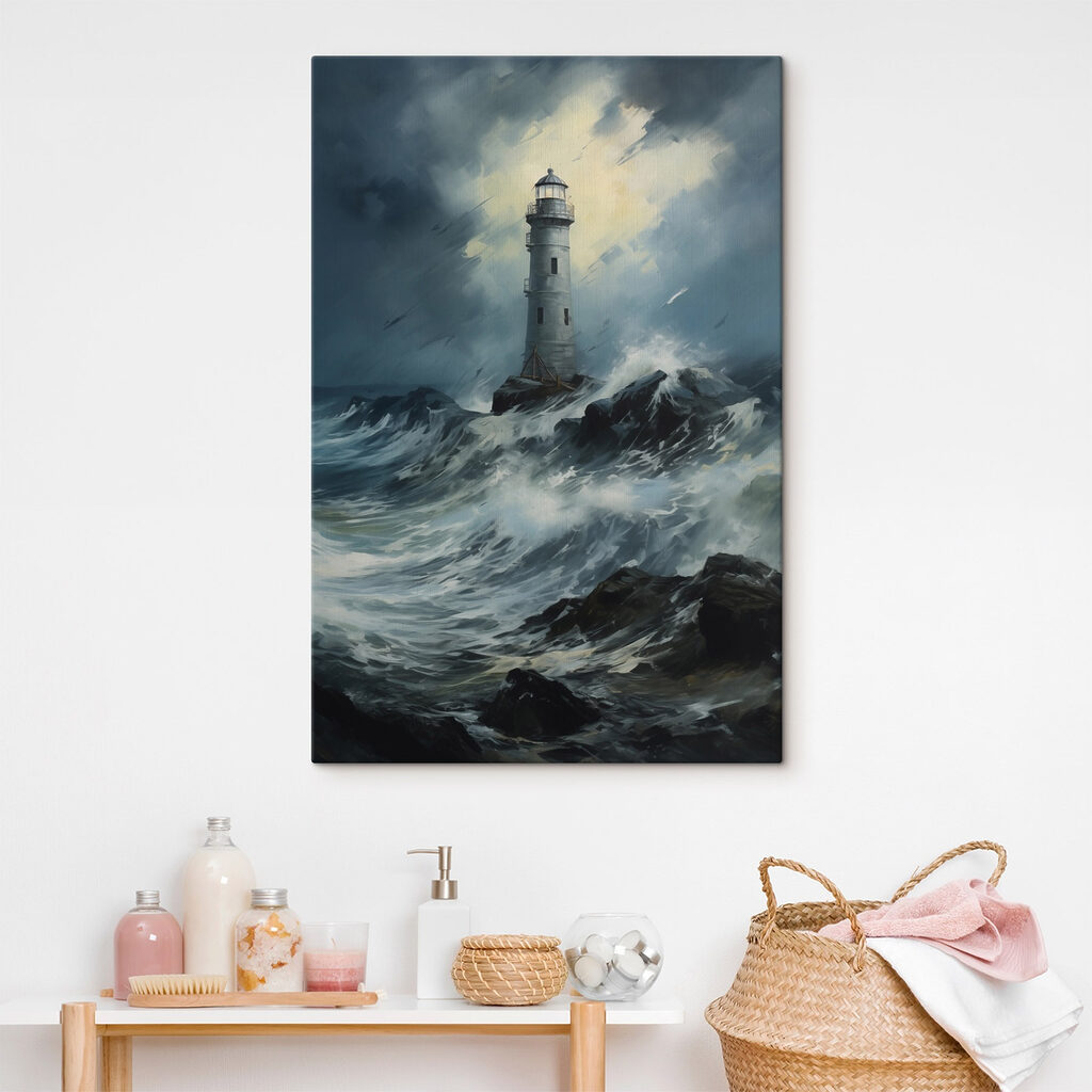 Faro entre olas tormentosas en un interior