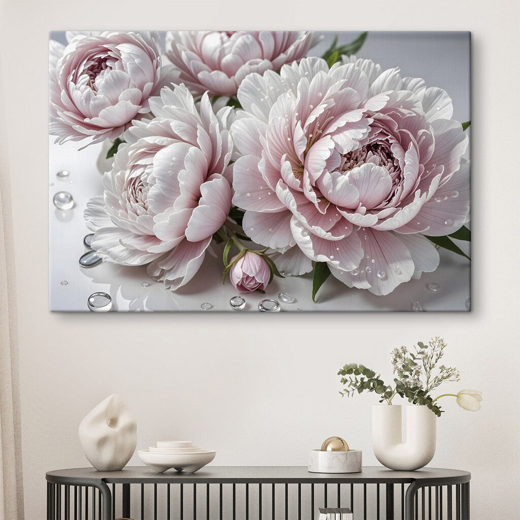 Peonías rosas con gotas en un interior