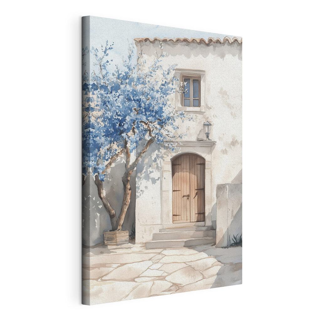 Puerta con árbol azul, lienzo tensado con el borde envolvente